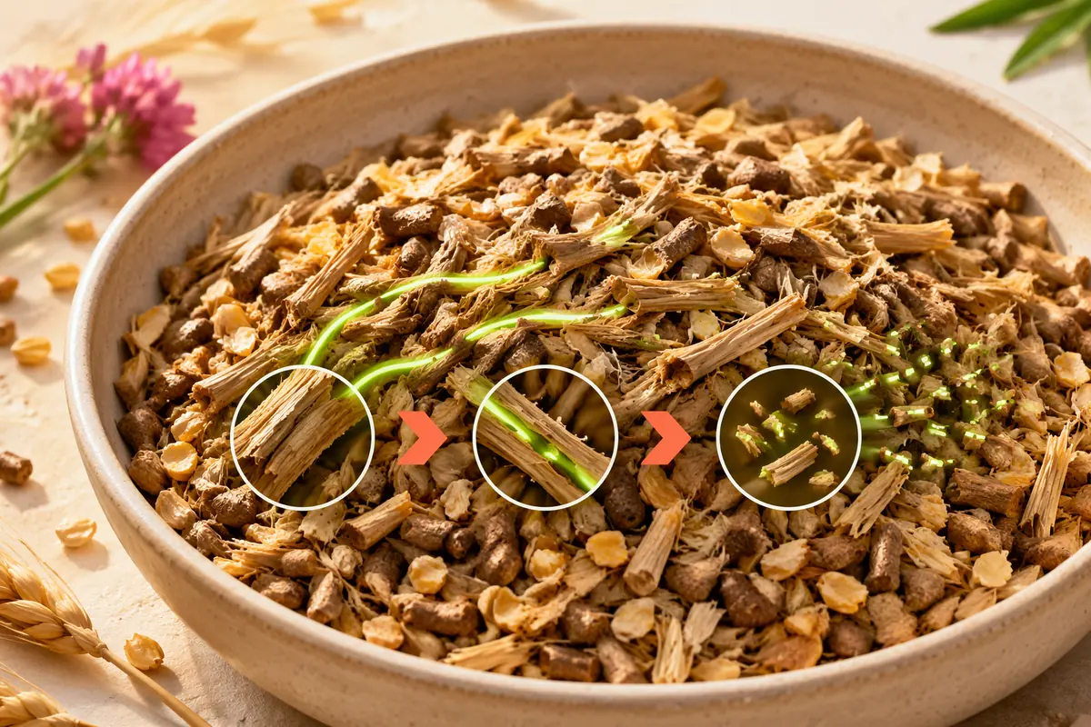 Barley and oat feed ration with pellets: beta-glucanase breaks cereal fibre so more nutrients reach the animal