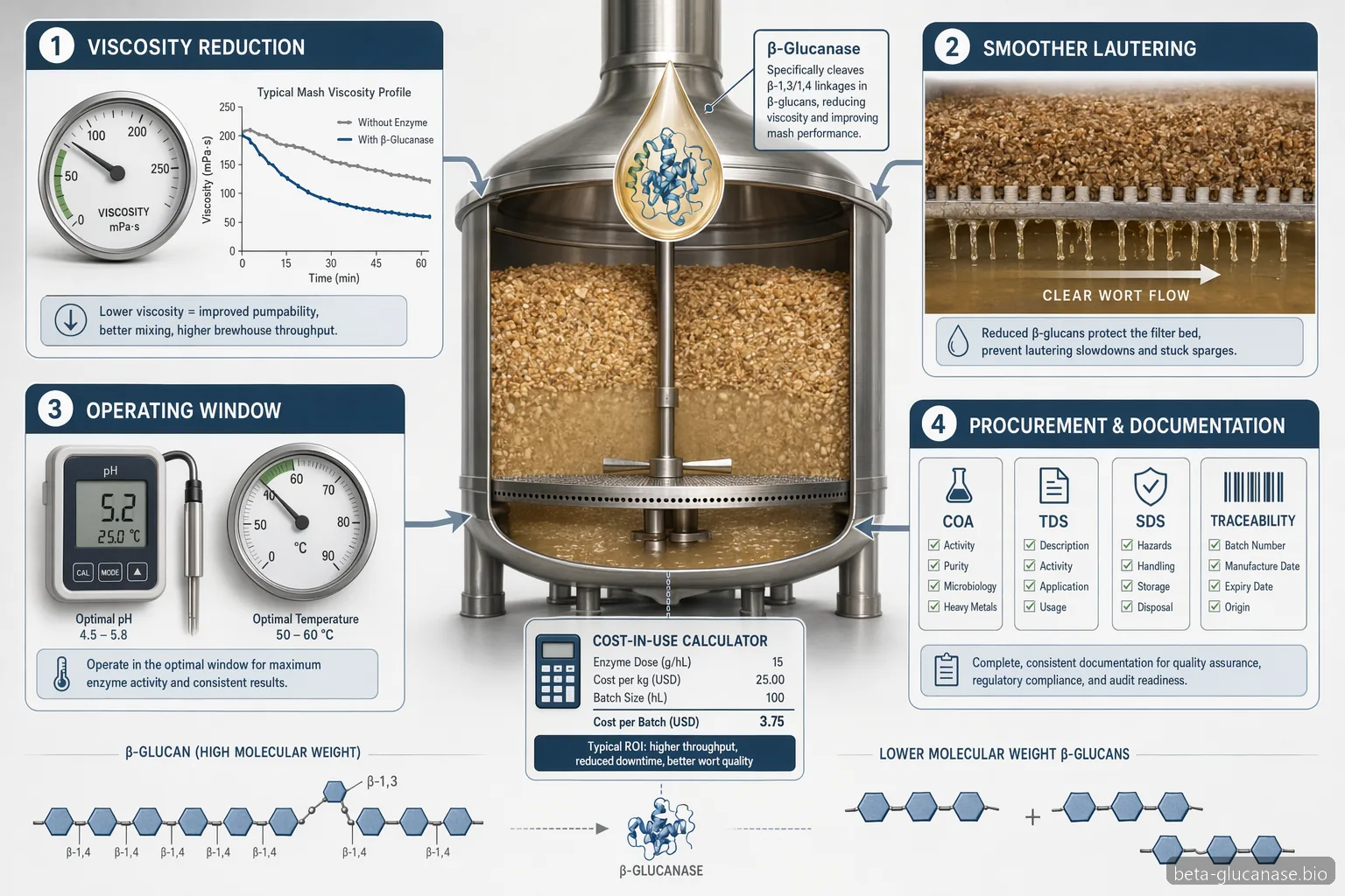 beta glucanase brewing specification checklist with enzyme, viscosity, lautering, documents, and cost icons