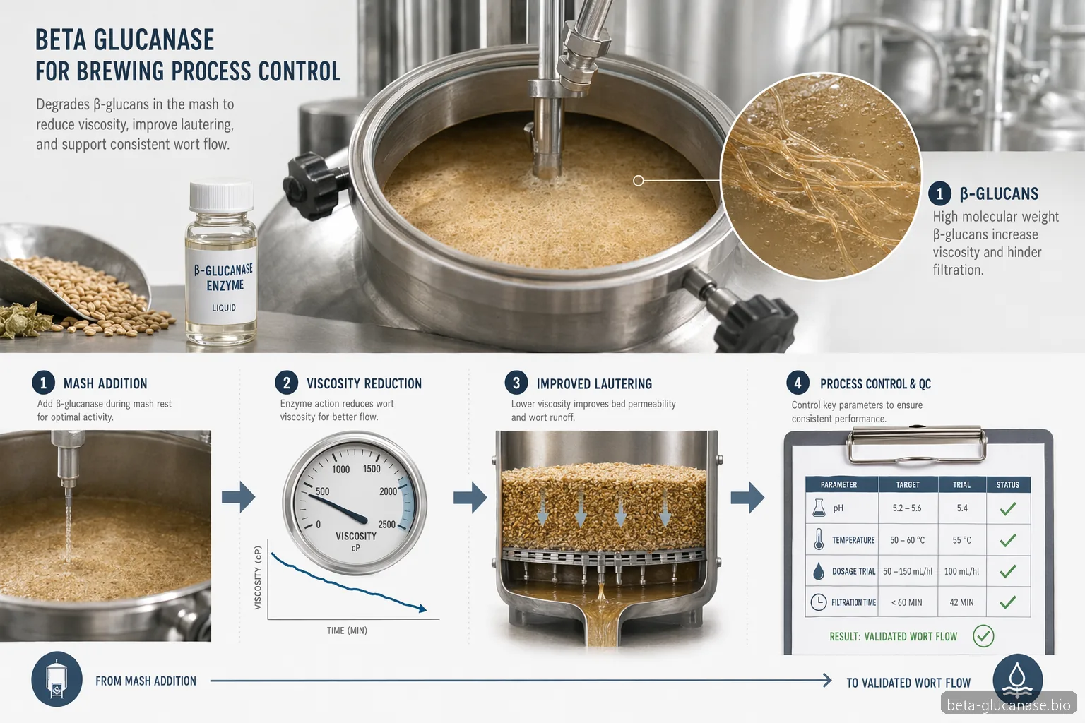 beta glucanase enzyme brewing process control infographic showing viscosity, filtration, dosing, and QC checks