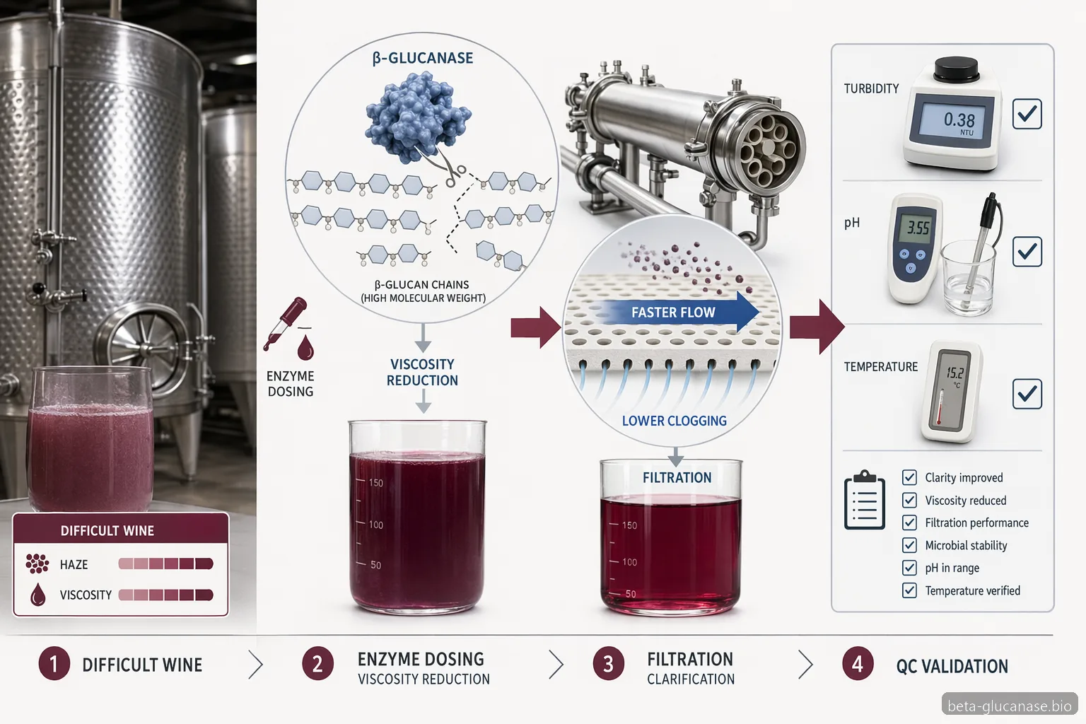 beta glucanase wine formulations infographic showing enzyme dosing, viscosity reduction, filtration, and QC checks